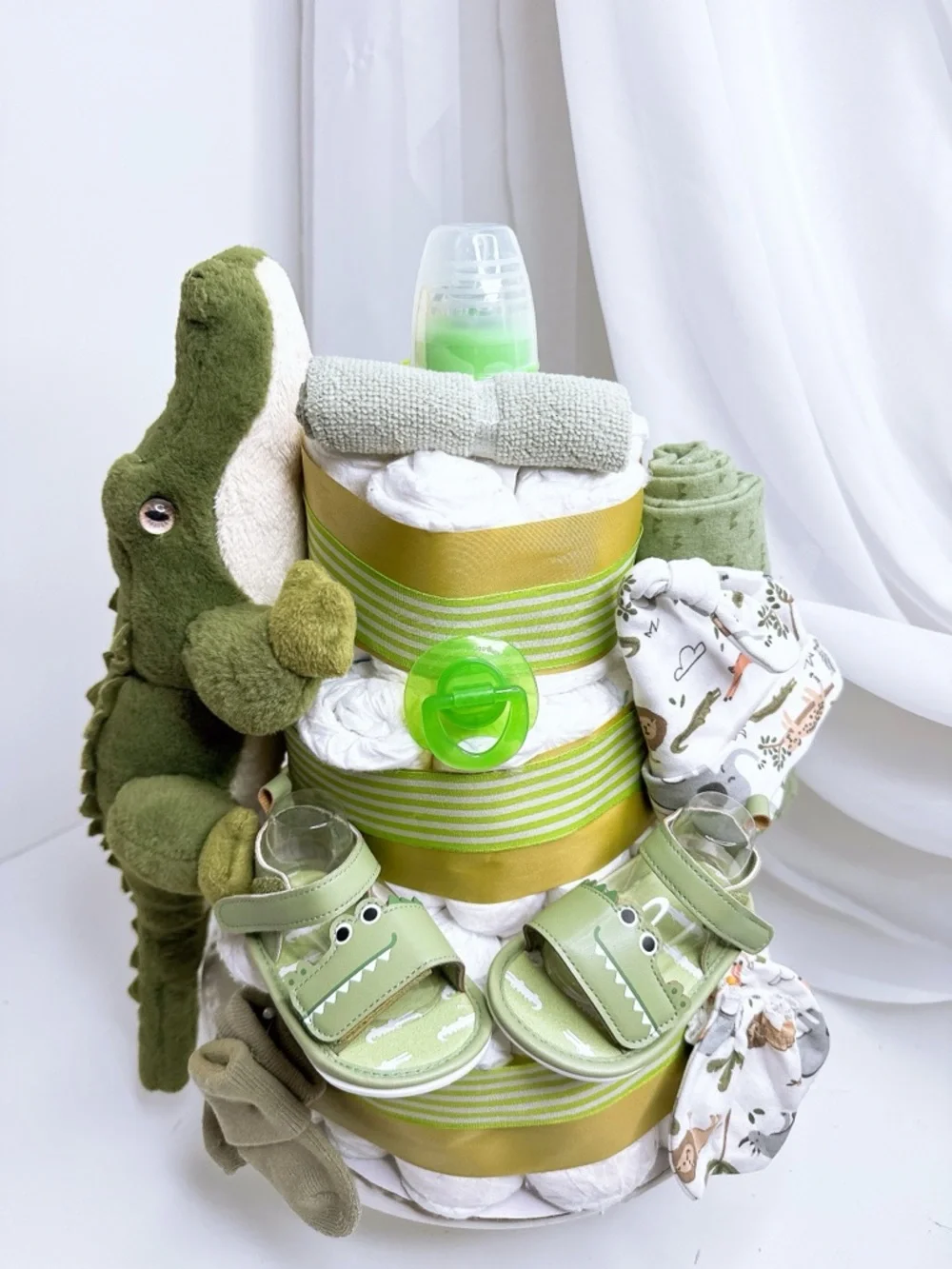 Green Crocodile Baby Diaper Cake Gift Set
